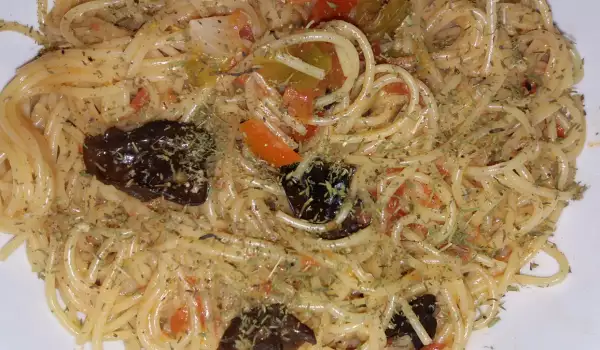 Азиатски спагети с рулца от раци и гъби Му-ар
