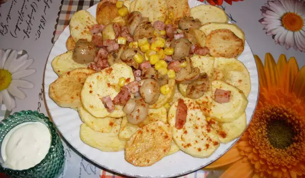Домашен чипс със запържени гъби, бекон и царевица