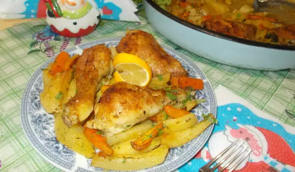 Пилешки бутчета с картофи, моркови и праз