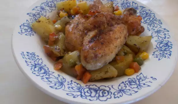 Пилешки крилца с картофи и зеленчуци