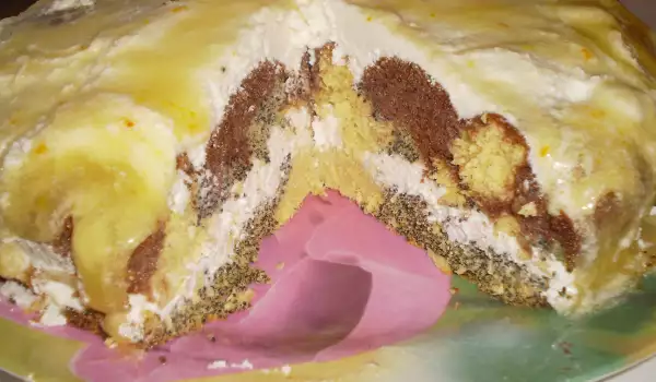 Шарена торта с бял крем и портокалова глазура