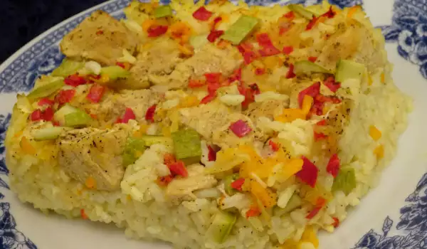 Запечено свинско с ориз, тиквички и зеленчуци