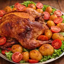 Цяло пиле с картофи и чери домати