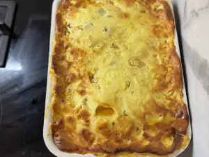 Мусака с тиквички, ориз и пилешко филе