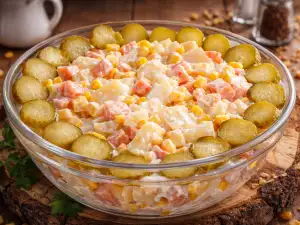 Празнична салата с майонеза и кисели краставички