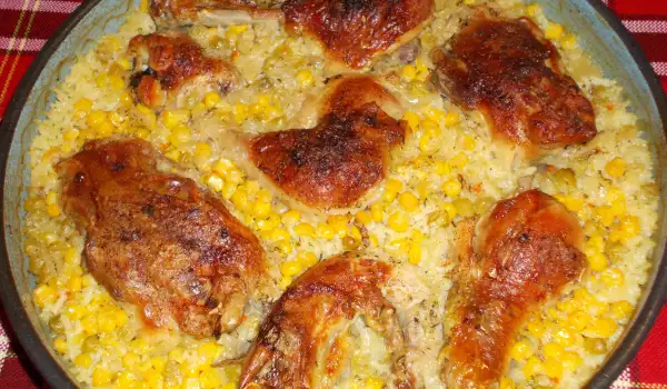 Домашно пиле с ориз, грах и царевица
