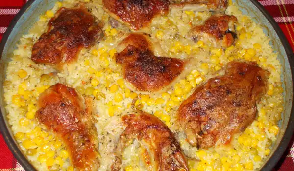 Домашно пиле с ориз, грах и царевица