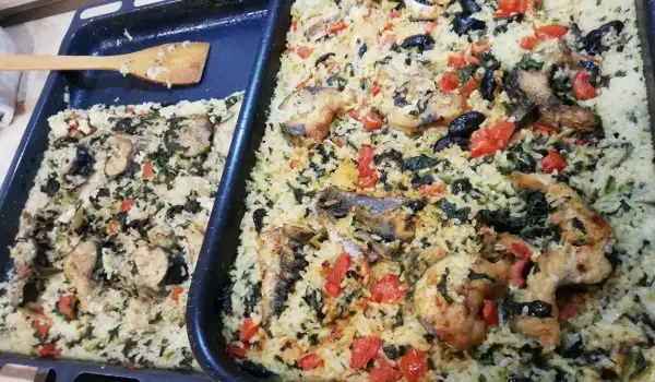 Печена скумрия с ориз и зеленчуци на фурна
