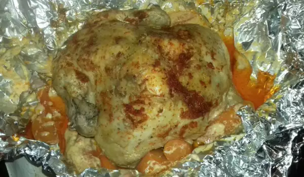 Задушено пиле с топено сирене във фолио