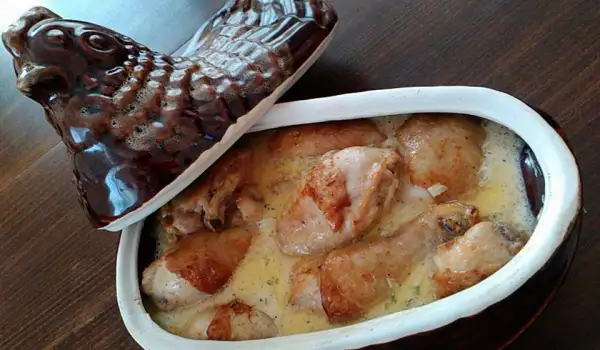 Пиле с настъргани картофи в гювеч