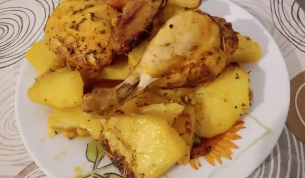 Пиле с картофи и царевица на фурна