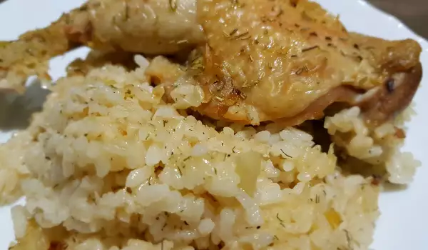 Пилешки бутчета с ориз, праз и розмарин